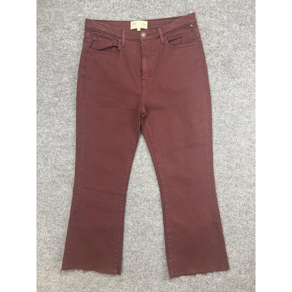 Current/Elliott Straight Jeans Womens 30 Red Dark Wash High Rise Raw Hem Stretch